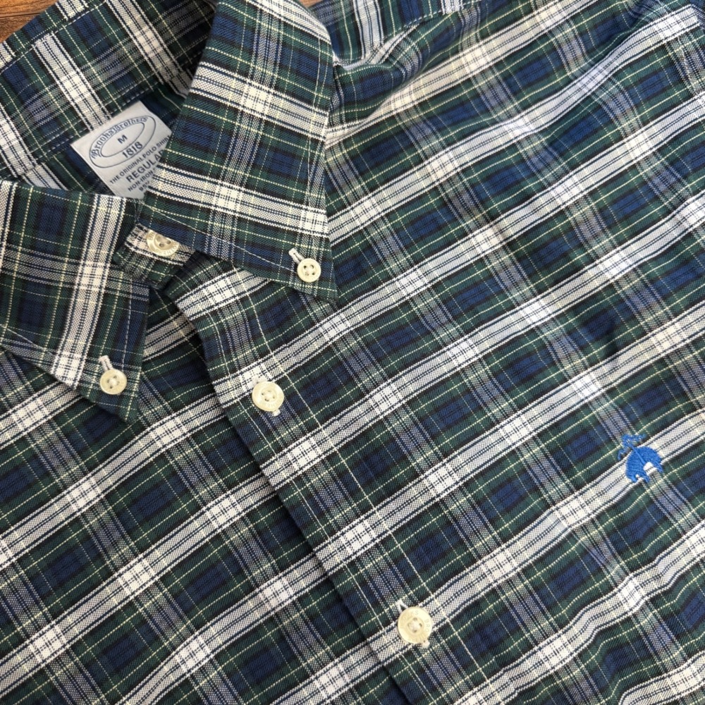 Brooks Brothers 1818 Regular Fit Non-Iron Stretch Plaid Shirt Green Blue Mens M